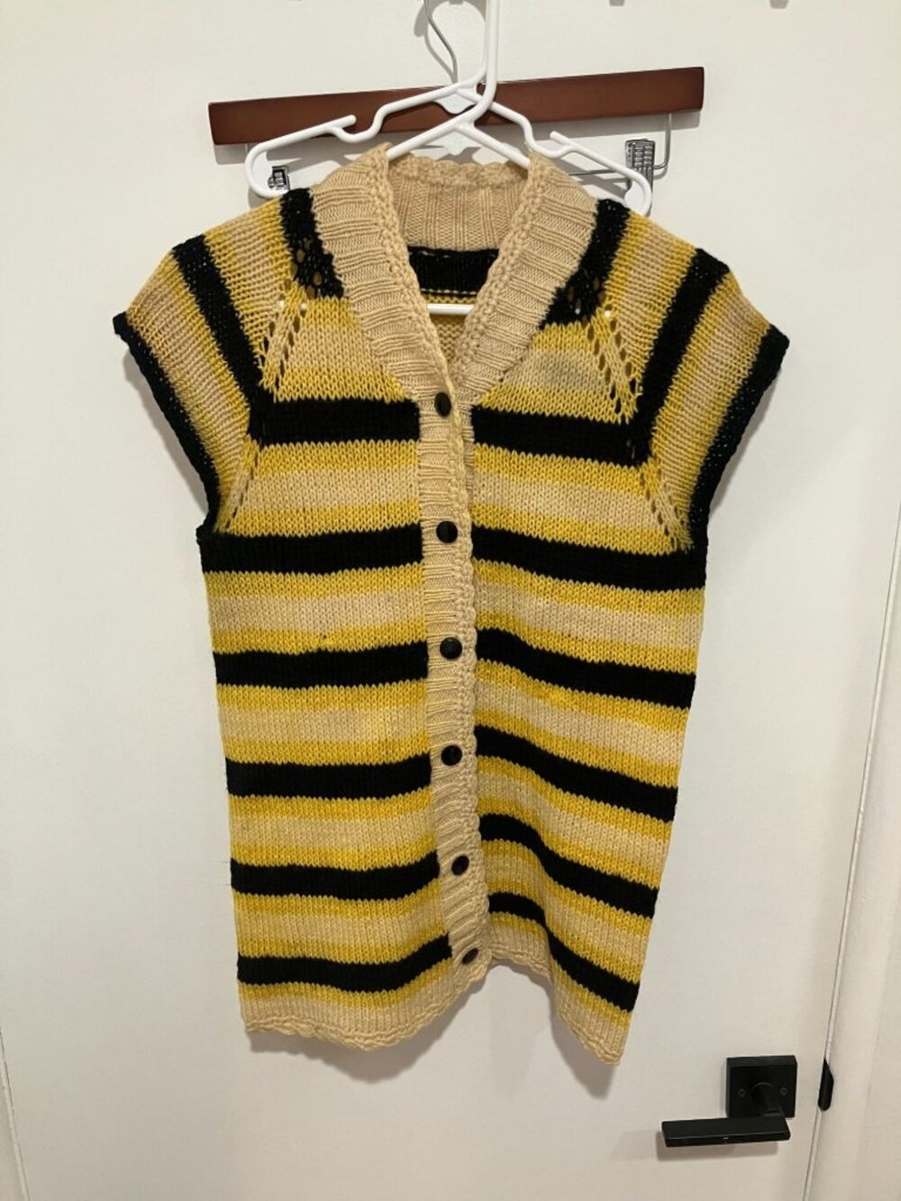 VTG Handmade Knit Sweater Vest V-Neck Striped Yellow Black Button Front Crochet
